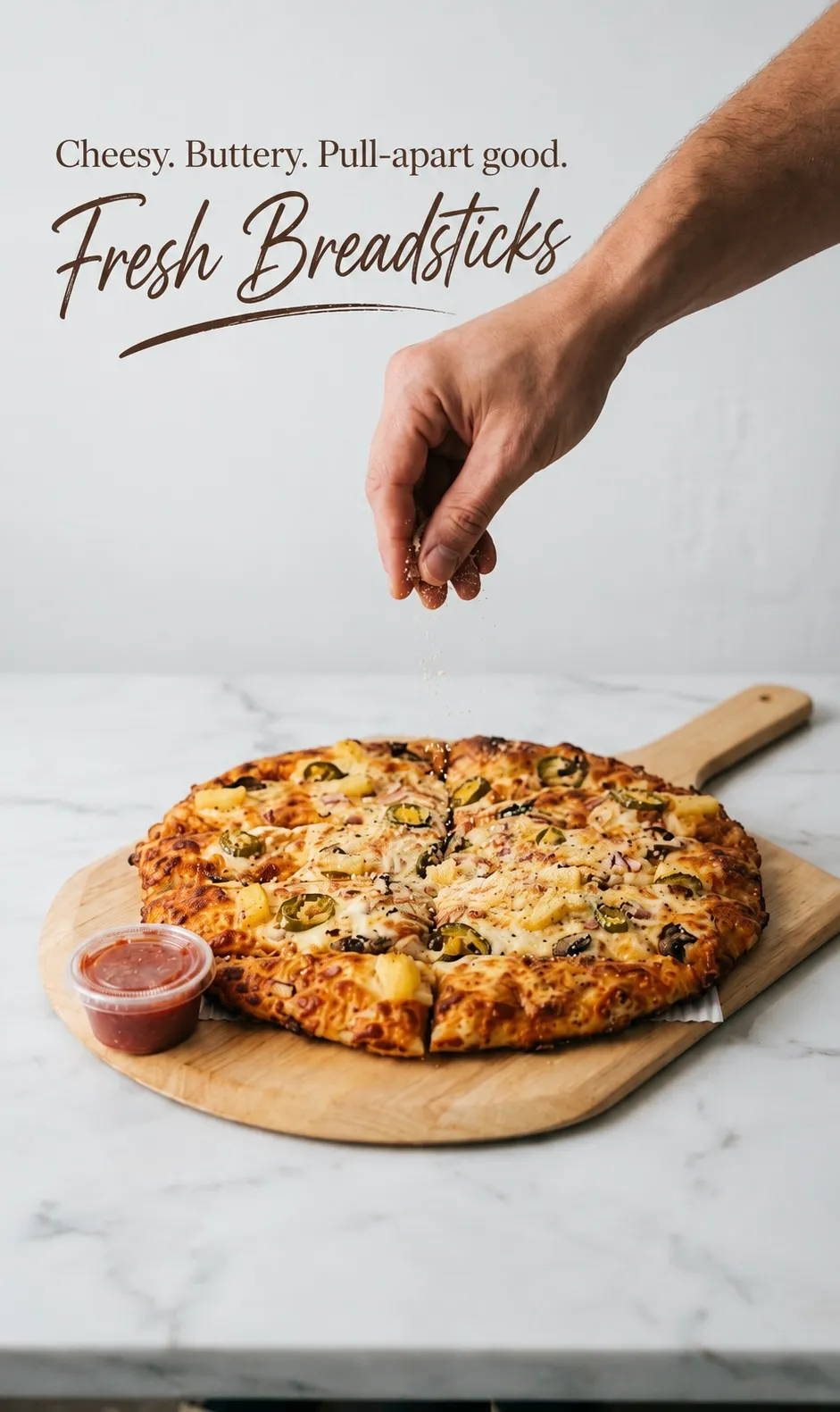 Cheesy pull-apart crust pizza served on a wooden board with dipping sauce at Craze Calgary NE